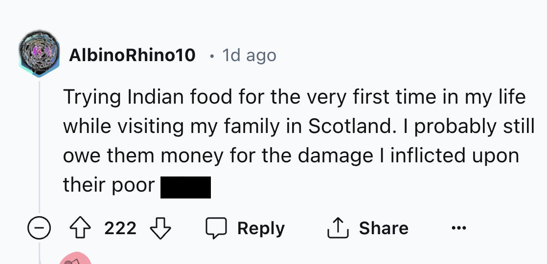 number - AlbinoRhino10 1d ago Trying Indian food for the very first time in my life while visiting my family in Scotland. I probably still owe them money for the damage I inflicted upon their poor 222